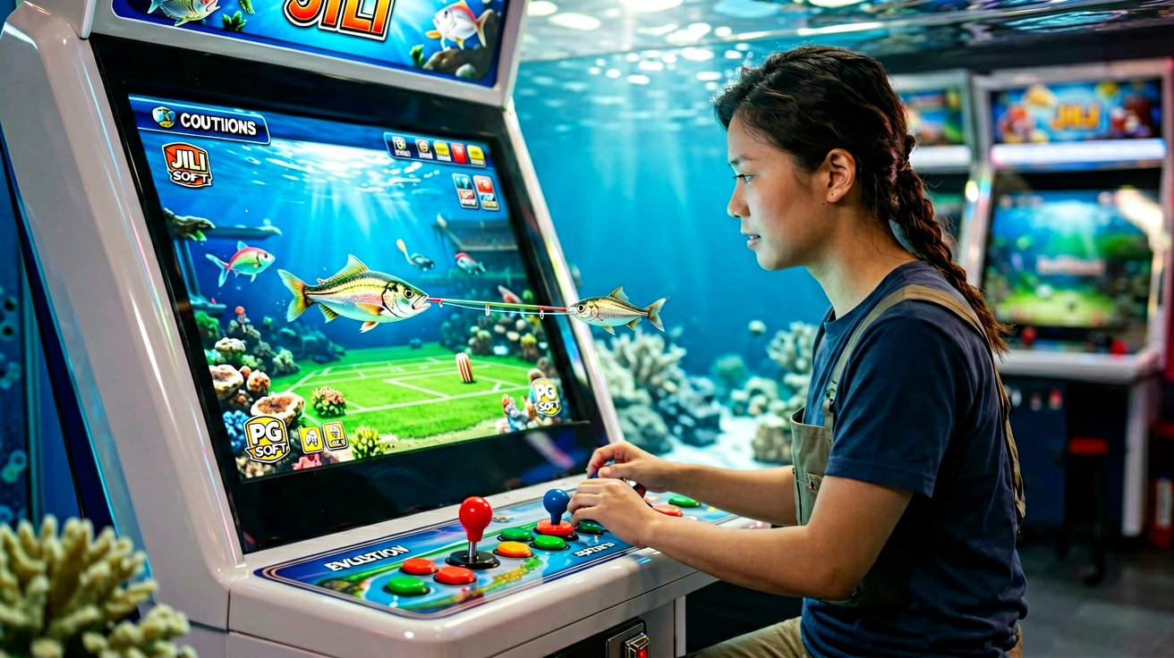 အပြာရောင်အင်္ကျီဝတ် အမျိုးသမီးတစ်ဦးသည် arcade ငါးပစ်ဂိမ်း cabinet ရှေ့တွင် ထိုင်ပြီး joystick နှင့် ခလုတ်များကို လက်နှစ်ဖက်ဖြင့် ကိုင်ထားစဉ် ဖန်သားပြင်ပေါ်တွင် ငါးပစ်မြင်ကွင်း ပေါ်နေသည်