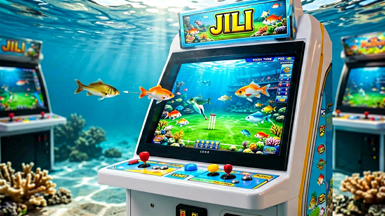 အပြာရောင်ရေအောက်နောက်ခံတွင် arcade ငါးပစ်ဂိမ်း cabinet သုံးလုံး တန်းစီထားပြီး ဖန်သားပြင်များတွင် ငါးများနှင့် ရေအောက်မြင်ကွင်း လင်းလက်နေသည်