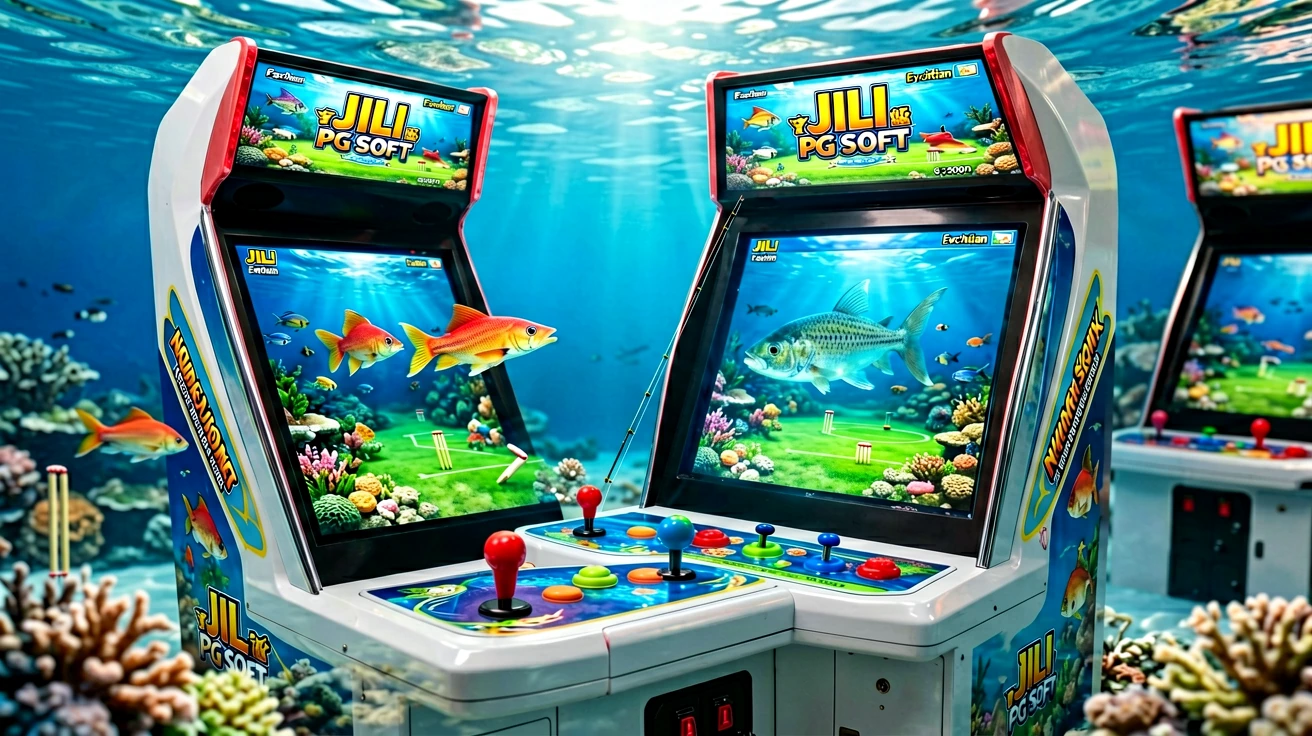 ဖြူရောင်ဘောင် arcade ငါးပစ်ဂိမ်း cabinet များကို ရေအောက်မြင်ကွင်းတွင် ချထားပြီး ဖန်သားပြင်တွင် ငါးများနှင့် joystick၊ အနီအပြာအစိမ်းအဝါ ခလုတ်များ မြင်ရသည်