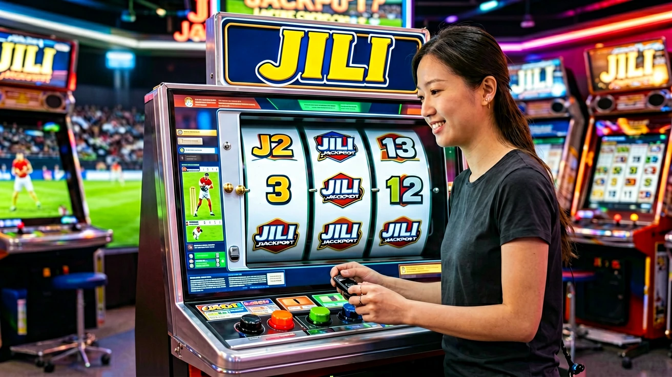 Medium contextual scene of a casino gaming floor with multiple slot cabinets arranged in rows under warm ambient lighting