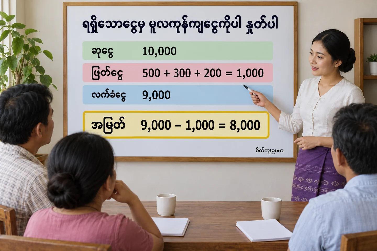 ဆုငွေနှင့် ဖြတ်ငွေပါ လက်ခံငွေကို ခွဲတွက်နည်း ကို ပြထားသော စိတ်ကူးဥပမာပုံ။